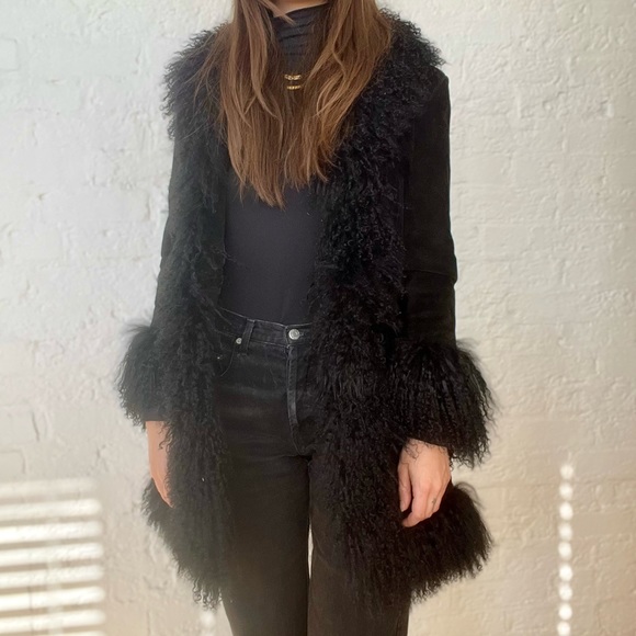 Vintage Mongolian lamb fur trim suede coat - Picture 2 of 5